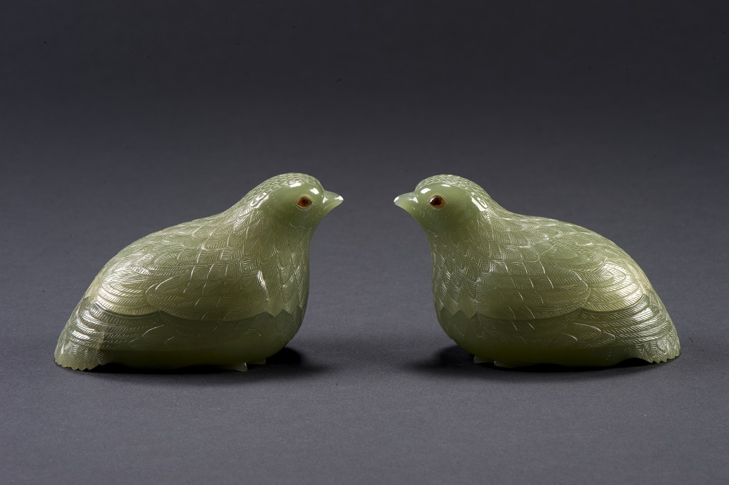 Pair of carved green jade quail shaped boxes 