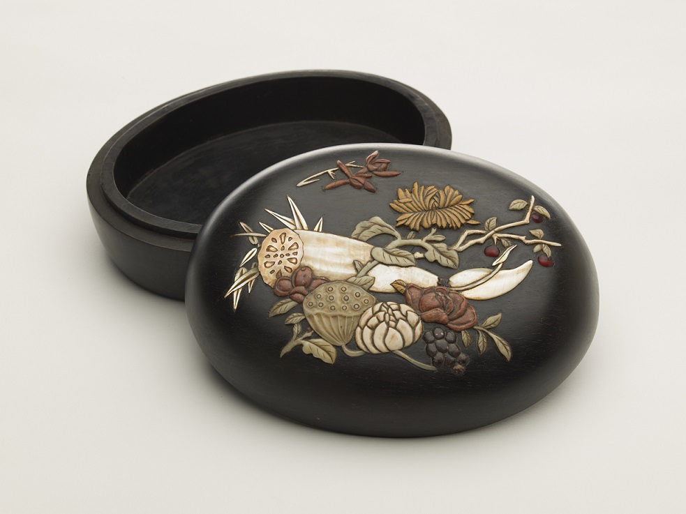 Wooden box with semi-precious stone inlay of lotus root, flowers and fruit design